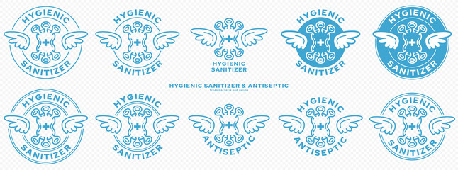 Conceptual marks for product packaging. Marking - hygienic sanitizer or antiseptic. A brand with wings and a bacteria or microbe icon - a symbol of the medical destruction of bacteria. Vector