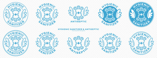 Conceptual marks for product packaging. Marking - hygienic sanitizer or antiseptic. A brand with wings and a bacteria or microbe icon - a symbol of the medical destruction of bacteria. Vector