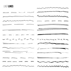 Brush hand drawn lines by liner pen set. Underline black pencil doodles in grunge technique vector illustration. Thin stripes of different shape style on white background