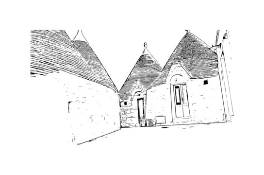 Building view with landmark of Alberobello is a town in Italy. Hand drawn sketch illustration in vector.