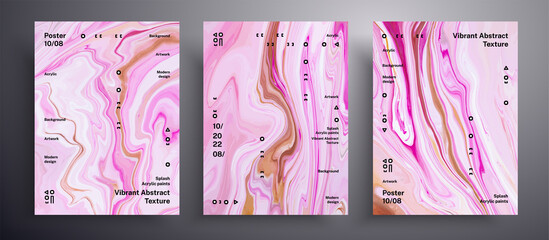 Abstract vector placard, texture set of fluid art covers. Beautiful background that can be used for design cover, poster, brochure and etc. Pink, brown and white universal trendy painting backdrop