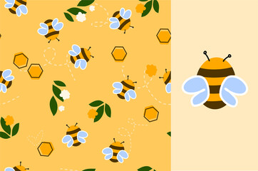 Seamless bee pattern. Funny illustration for kids in pastel tones with flowers and honeycombs for textile and paper design. Cute little bumblebee for t-shirt, clothes or surface design