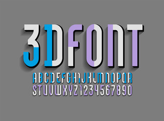 3D original Font, alphabet made of from multicolored parts, modern condensed letters and numbers, vector illustration 10EPS.