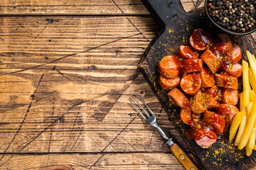 Curry wurst Sausages with French fries on a wooden board. wooden background. Top view. Copy space