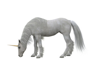 Obraz na płótnie Canvas White unicorn grazing. Fairytale creature 3d illustration isolated on white background.