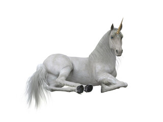 Obraz na płótnie Canvas White unicorn lying down. Fairytale creature 3d illustration isolated on white background.