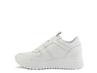 White classic leather trainers. Casual women's style. White lacing and white rubber soles. Isolated close-up on white background. Left side view. Fashion shoes.