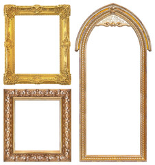 Set of golden frames for paintings, mirrors or photo isolated on white background