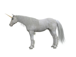 Naklejka na ściany i meble White unicorn standing side view. Fairytale creature 3d illustration isolated on white background.