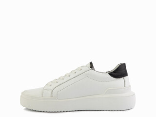 White leather sneakers with black details. Casual women's style. White lacing and white rubber soles. Isolated close-up on white background. Left side view. Fashion shoes.