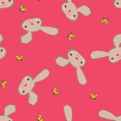 Simple bunnies and butterflies seamless vector pattern on bright pink. Spring holiday seasonal surface print design for fabrics, stationery, scrapbook paper, gift wrap, backgrounds, and packaging.