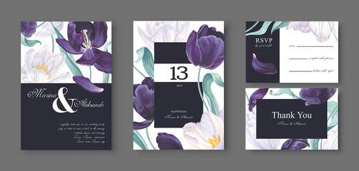 Floral wedding invitation card template design, white tulips flowers and leaves. Template design with highly detailed, vector, realistic, spring flowers. Collection of Save the Date and RSVP.