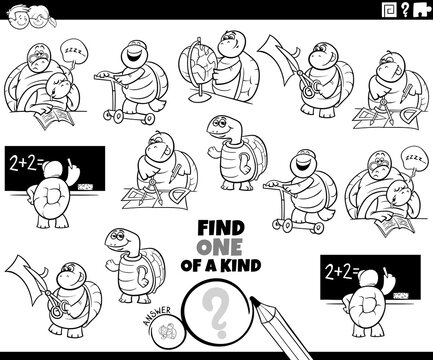 one of a kind task with comic turtles coloring book page