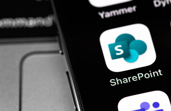 Microsoft SharePoint mobile app on screen smartphone. Microsoft SharePoint is a collection of software products and components, collaboration software. Moscow, Russia - February 16, 2021