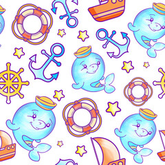 Vector seamless pattern with blue baby dolphin, anchor, ship, helm, life ring, star . Marine theme. Regular background, sweet childhood, multicolored colors.Printable bright design.