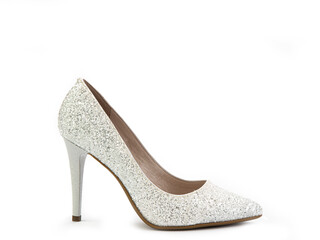 Elegant, glamorous and sparkly high-heeled women shoes. White shoes with silver glitters and a high silver heel. Isolated close-up on white background. Right side view. Fashion shoes.