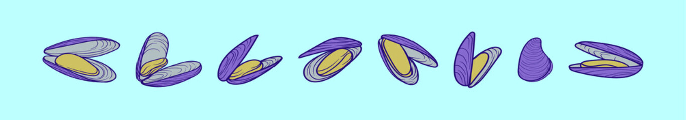 set of mussel cartoon icon design template with various models. vector illustration isolated on blue background