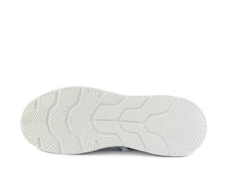 White classic leather trainers. Breathable, comfortable leather. Casual women's style. White lacing and white rubber soles. Isolated close-up on white background. Shoe sole view. Fashion shoes.
