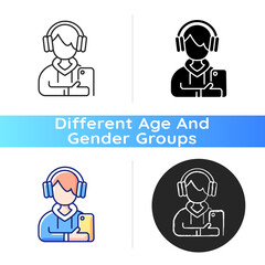 Teenage boy icon. Male teenager. Adolescence. Emotional development. School stress, peer problems. Mood swings. Growth spurt. Linear black and RGB color styles. Isolated vector illustrations