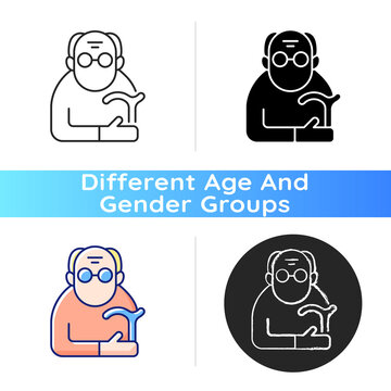 Male Pensioner Icon. Senile Man. Retirement From Workforce. Aging Process. Senior With Limited Mobility. Oldest-old Population. Linear Black And RGB Color Styles. Isolated Vector Illustrations