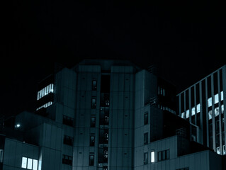 Moody monochrome shot of buildings at night