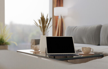 Black blank screen tablet with keyboard case putting on wooden coffee table with coffee cup, potted plant . 3d rendering