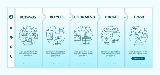 Sorting unnecessary things onboarding vector template. Put away and recycle. Donate and trash. Fix or mend. Responsive mobile website with icons. Webpage walkthrough step screens. RGB color concept