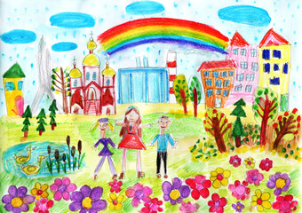 Fototapeta na wymiar Drawing of a happy family on a walk outdoors. Pencil art in childish style