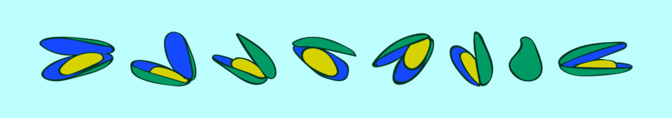 set of mussel cartoon icon design template with various models. vector illustration isolated on blue background