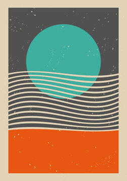 Vintage, retro art print, poster with circle and lines, stripes. Art template for wall decoration, background, backdrop, banner, cover design, postcard. Contemporary, modern art. Art pattern. 