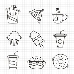 Set of doodle on paper background.Coffee shop elements.