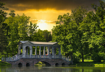 Petersburg, Russia - June 29, 2017: Marble Bridge in the park Tsarskoye Selo, Russia.
