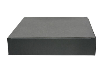Black cardboard box for gifts and surprises on a white background, close-up