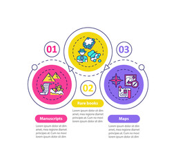 Archive collections vector infographic template. Online library presentation design elements. Data visualization with 3 steps. Process timeline chart. Workflow layout with linear icons