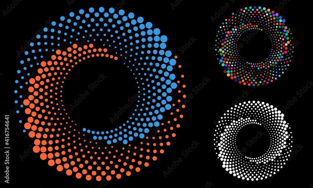 Poster halftone round as icon or background. color abstract vector circle frame with dots as logo or emblem