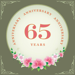 65th Anniversary celebration, greeting card, background with floral  pattern, happy birthday 65 years, icon, template. Vector illustration