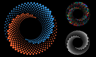 Halftone round as icon or background. Color abstract vector circle frame with dots as logo or emblem. Circle border isolated on the black background for your design. Yin and yang symbol.