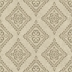 Seamless embossed paper texture for print. High quality illustration. Beige taupe or tan paper texture with embossed abstract ethnic tribal design overlay. Seamless repeat raster jpg pattern swatch.