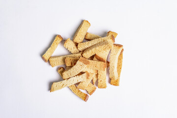 Homemade croutons isolated on white background