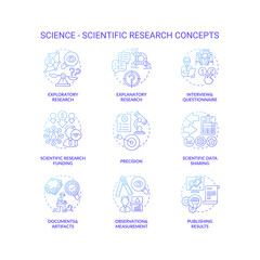 Science and scientific researching dark gradient concept icons set. Scientific research funding idea thin line RGB color illustrations. Scientific theory. Vector isolated outline drawings
