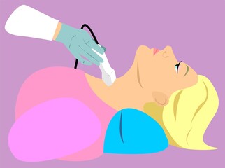Female is doing ultrasound of thyroid gland