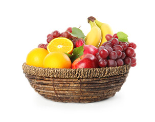 Wicker basket with different fruits on white background
