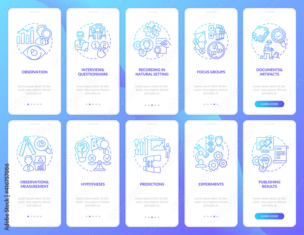 Poster documents and artifacts onboarding mobile app page screen with concepts set. focus group and experim