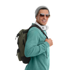 Man with backpack on white background. Autumn travel
