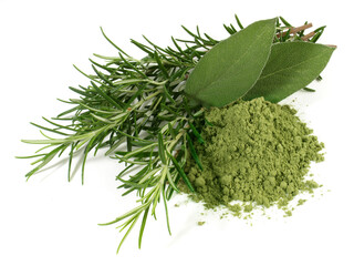 Fresh Rosemary and Sage with Powder isolated on white Background