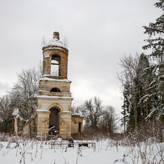Fototapeta na wymiar The bell tower of the ruined church