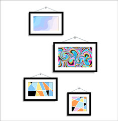 Abstract picture hang on the wall. Abstract art in a gallery on a white background. Set vector color abstract paintings isolated.