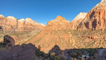Beautiful landscapes, views of incredibly picturesque rocks and mountains in Zion National Park, Utah, USA