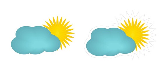 Simple vector sticker of a yellow sun coming out from behind a blue cloud. Cloudy weather icon. Clipart isolated on white background