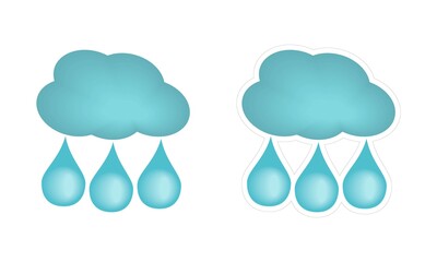 Vector sticker with white edging of three raindrops and cloud. Cartoon rain weather icon. Clipart isolated on white background